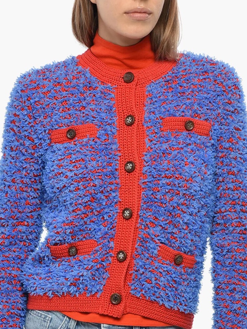 Tory Burch Blue & Red Textured Cardigan